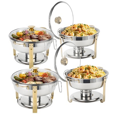 Warmounts 5QT 4-Pack Gold Accent Round Chafing Dish Buffet Set Food Warmer with Glass Lids & Holders