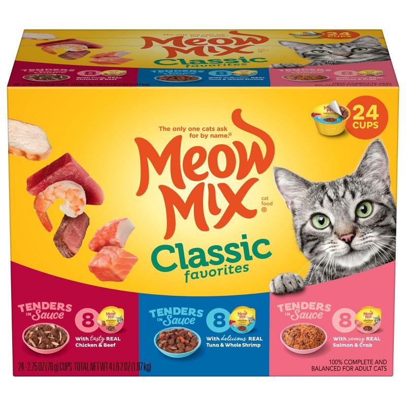 Meow Mix Tender Favorites with Crab, Shrimp, Chicken, Beef, Salmon &#38; Tuna Wet Cat Food Classic Favorites - 2.75oz/24ct Variety Pack, 1 of 10