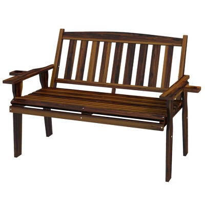 Wood Outdoor Bench, Garden Bench w/ Cupholder Armrests, Slatted Seat & Backrest, Park Bench for Patio, Porch