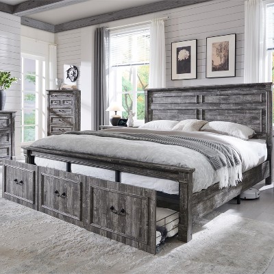 SinCiDo Farmhouse King Size Bed Frame w/51" Tall Headboard, Roman Column Footboard & 3 Spacious Storage Drawers, No Box Spring Needed