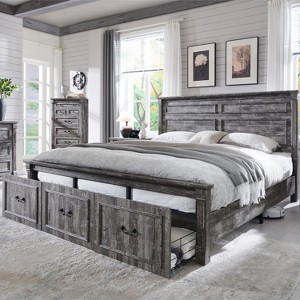 SinCiDo Farmhouse King Size Bed Frame w/51" Tall Headboard, Roman Column Footboard & 3 Spacious Storage Drawers, No Box Spring Needed - 1 of 4