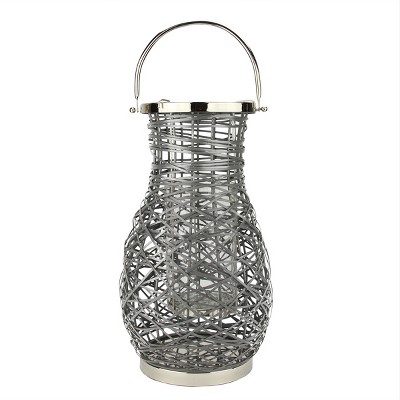 Northlight 18.5" Modern Gray Decorative Woven Iron Pillar Candle Lantern with Glass Hurricane