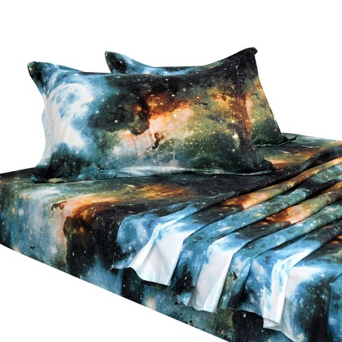 PiccoCasa Polyester Galaxy Stars Themed Bedding Sheet Sets with 2 Pillowcases Queen 4 Pcs Green Queen