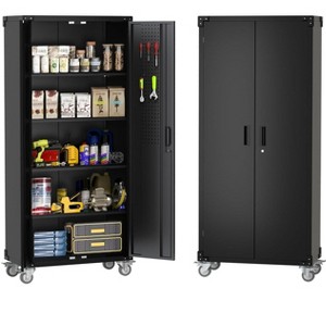 Metal storage cabinet with wheels, steel tool cabinet with pin board and 4 adjustable shelves, wheeled garage closet with lock - 1 of 4