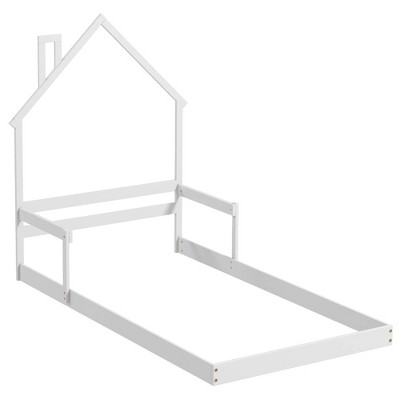 Costway Twin Size Floor Bed for Kids with Chimney Headboard & Handrail Gray/White/Natural