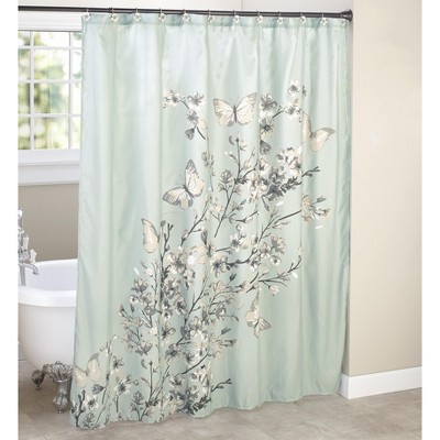Lakeside Fabric Shower Curtain - Cherry Blossom and Butterfly – Aqua and Grey