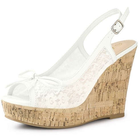 Allegra K Women's Floral Lace Mesh Wedges Sandals White 10