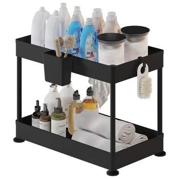 Storagebud 2 Tier Under Kitchen Sink Organizer with Sliding Drawer-Bathroom Cabinet Organizer with Utility Hooks and Side Caddy - 1 Pack - Black