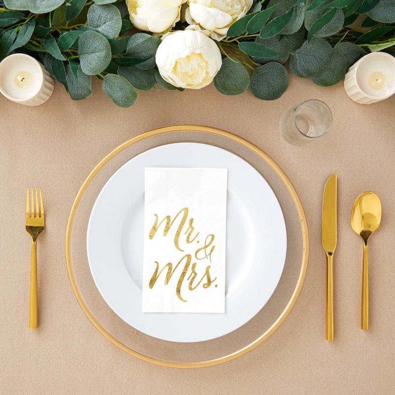 50 Pack Mr and Mrs Napkins, Disposable Wedding Dinner Napkins for Reception, Rehearsal Dinner Party, Gold Foil, 3-Ply, 4 x 8 In, 5 of 10