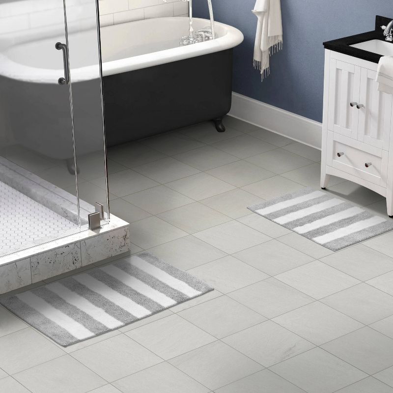 2pc Striped Washable Bathroom Rug Set Platinum Gray/White - Garland Rug, 3 of 8