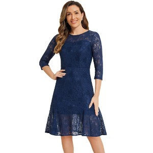 Allegra K Women's Elegant 3/4 Sleeves Ruffles Bodycon Fishtail Lace Midi Dress - 1 of 4