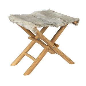 Storied Home Teakwood and Goat Fur Folding Stool, Natural - 1 of 4