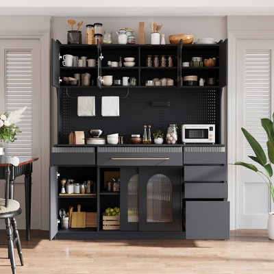 63" Large Kitchen Pantry Cabinet, Freestanding Buffet Hutch Cabinet with Drawers, Coffee Bar Storage Cabinet for Living Room Hallway Bathroom