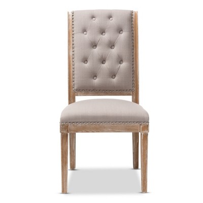 Beige Upholstered High Back Weathered Oak Side Chair