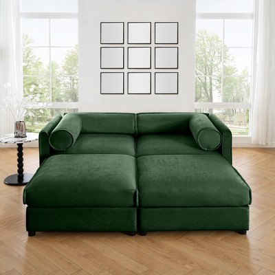 DOMETOUR Green Chenille 2-Seater Sofa with Ottoman Storage, Cylindrical Backrest & Armrests, Modern Loveseat with Hidden Storage
