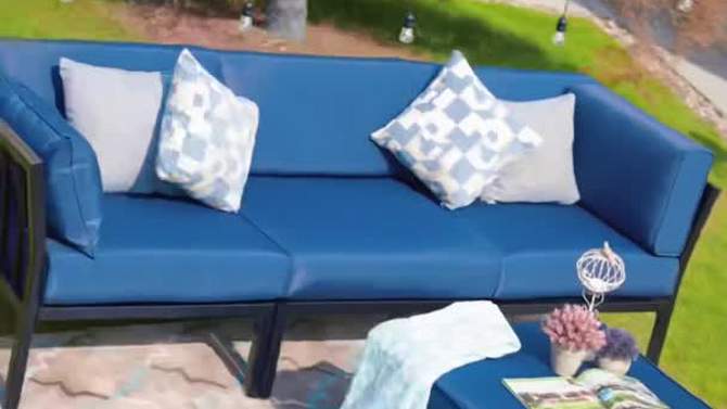 Patio Festival 4pc Steel Outdoor Patio Sectional Sofa with Cushions Furniture Set Blue, 2 of 11, play video