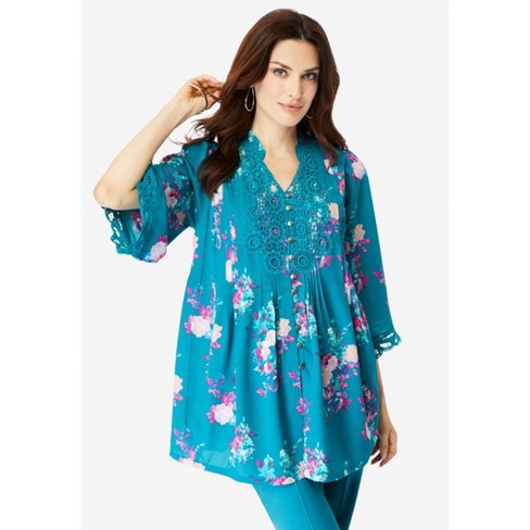 Roaman's Women's Plus Size Juliet Lace Big Shirt, 32 W - Teal ...