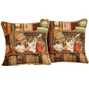 Collections Etc Charming Library Cat Tapestry Style Pillow Covers - Set of 2 - 1 of 2