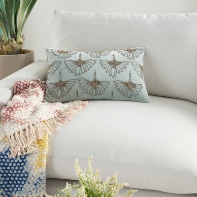 12" x 20" Celadon Green Beaded Floral Lumbar Pillow