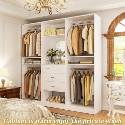 Aheaplus Freestanding Closet Organizer with Mirror and 4 Hanging Rods, Closet System with Drawers