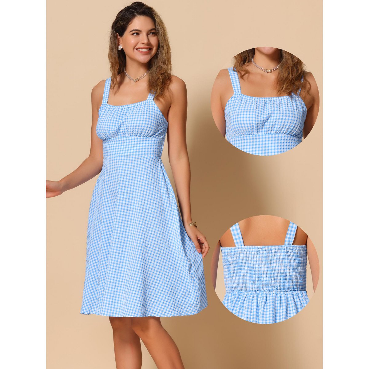 Женские платья INSPIRE CHIC Women's Plaid Vintage Sleeveless Ruched Summer A-Line Flowy Midi Dresses Blue Small — фото 2