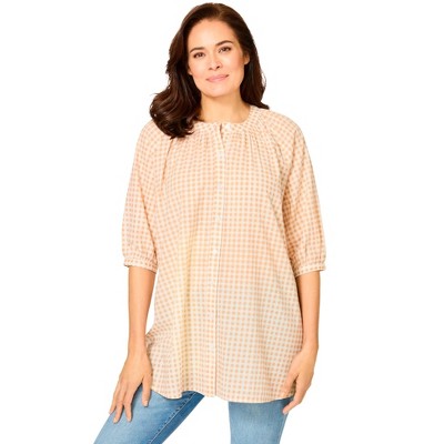 Woman Within Plus Size A-Line Three-Quarter Sleeve Half Placket Blouse