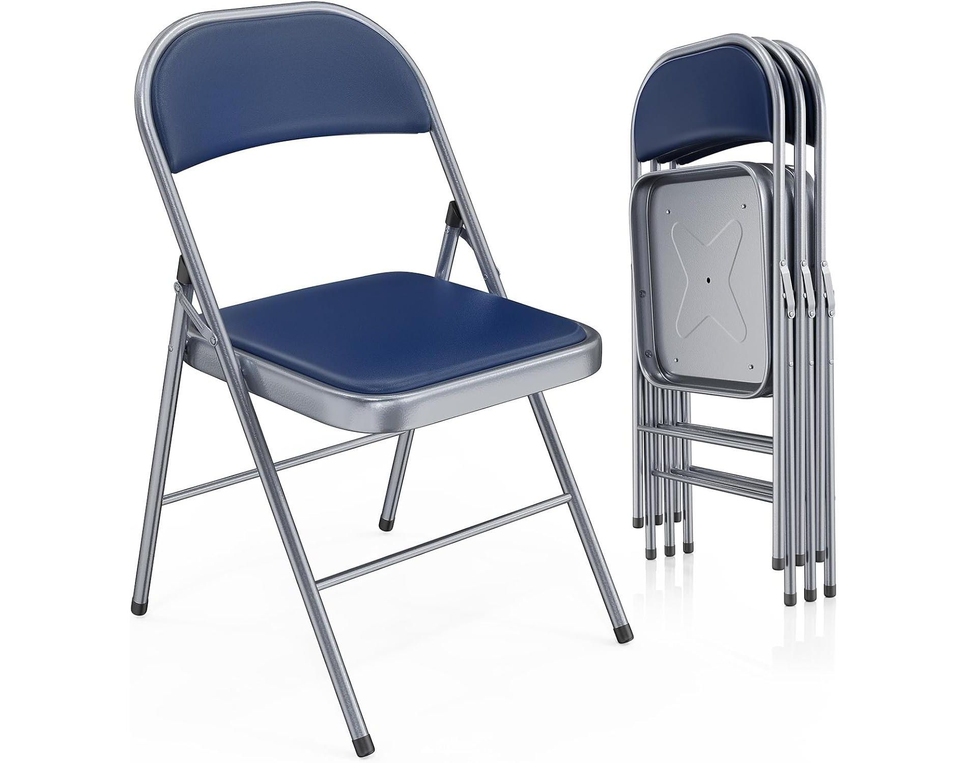 VINGLI 4 Pack Folding Chairs with Padded Seats, Metal Frame with Pu Leather Seat & Back, Capacity 350 lbs, Blue