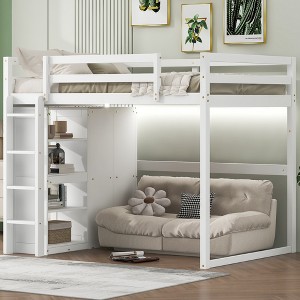 Full Loft Bed with Wardrobe and LED Lights, Wood Loft Bed Frame with Storage Shelves and Bookcase for Kids Teens - 1 of 4