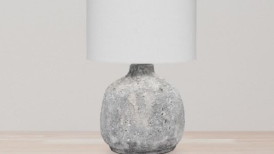 Gray and White Distressed Ceramic Table Lamp with Drum Shade