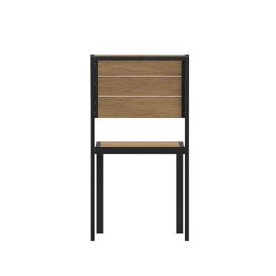Natural Faux Teak and Gray Metal Armless Stacking Chair