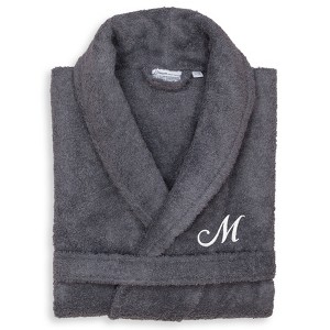 Linum Home Textiles 100% Turkish Cotton Adult Personalized Terry Bathrobe Gray in White Script Font - 1 of 3
