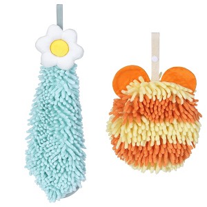 REGALWOVEN Soft Absorbent Cute Fuzzy Hanging Decorative Bathroom Chenille Hand Towel 6" x 15"/7" x 7" 2 Packs - 1 of 4