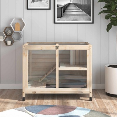 Natural Wood 2-Story Guinea Pig Hutch with Wheels
