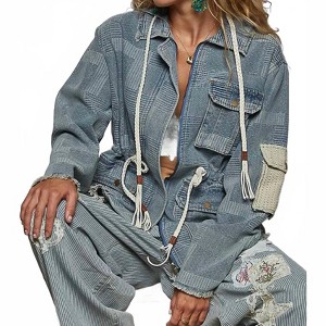 Women's Raw Hem Drawstring Zip Up Hooded Denim Jacket - POL - 1 of 4