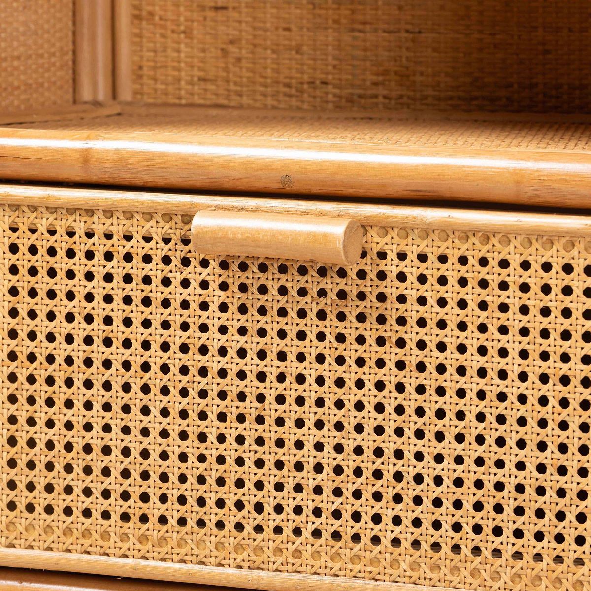 bali & pari 67.7" Curacao Rattan 2 Drawer Bookcase Light honey: Plywood Frame, 3-Tier, No Assembly Required - thumbnail 6