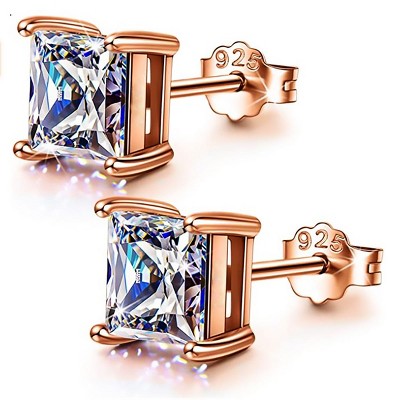 Paaaawaters 925 Sterling Silver Stud Earrings 4 Prong Princess Cut Square Cubic Zirconia Ear Stud for Women Men Girl CZ