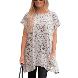 Amaryllis Women's Relaxed Fit Tunic with Short Sleeves Round Neckline and Allover Small Dot Leopard Print - 1 of 4