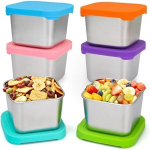Angel Sar 6-Pack Stainless Steel Snack Containers, 6 oz Small Food Storage Boxes with Colorful Leak-Proof Silicone Lids, Stackable Metal Containers - 1 of 3