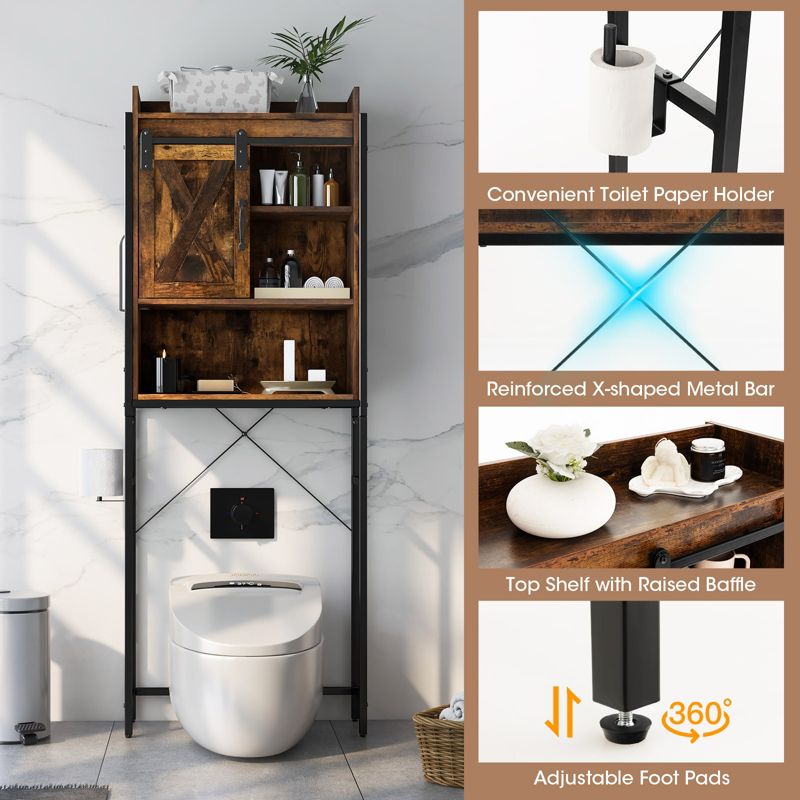 Tangkula Over The Toilet Storage Cabinet 4-Tier Bathroom Organizer w/ Adjustable Shelves Sliding Barn Door & Toilet Paper Holder Rustic Brown/Espresso, 3 of 8