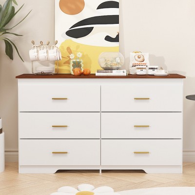 Dresser For Bedroom, Rustic Farmhouse 6-Drawer Dresser, Buffet Server Cabinet Console Table W/Gold Metal Handles, Storage Cabinet For Home
