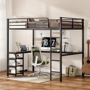 Racxily Full Loft Bed with Desk & Shelves, Metal Frame with Safety Guardrails & Ladder, Black - 1 of 4
