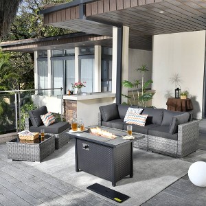 Venice 6pc Wicker Outdoor Patio Furniture Set Conversation Sofa with a Metal Fire Pit and Cushions - 1 of 4