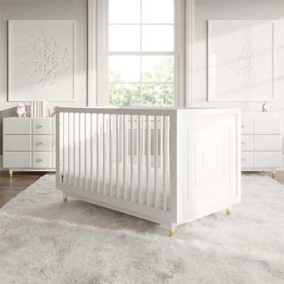White High-Gloss Wood 3-in-1 Convertible Crib with Gold Accents