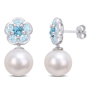 EVERLY JEWELRY | Sterling Silver 11 - 12 MM Freshwater Cultured Pearl and 3 1/10 CT TGW London and Sky-Blue Topaz Floral Drop Earrings - 1 of 4