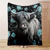 Highland Cow & Blue Roses Flannel Throw Blanket - Soft, Warm, and Stylish with Black Animal Design, Perfect Gift for Friends and Family. - 4 of 4