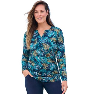 Swim 365 Women's Plus Size Split-Neck Long Sleeve Swim Tee With Built-In Bra - 1 of 4