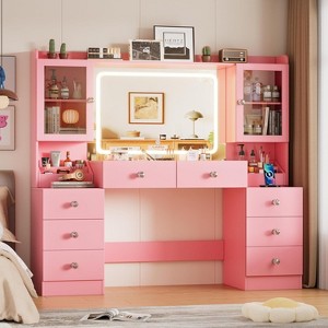PAKASEPT 8 Drawers Vanity Desk, 55'' W Makeup Vanity with Power Outlet, Vanity Table with Mirror and Lights, 3 Lighting Modes, for Bedroom, Pink - 1 of 4