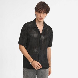 Campus Sutra Men Men's Onyx Black Striped Knit Oversized Shirt - 1 of 4