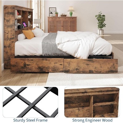 Vintage Wooden Bed Frame with Storage Headboard, 4 Drawers & Built-in Charging Station – Platform Bed, No Box Spring Needed,Full Size,brown