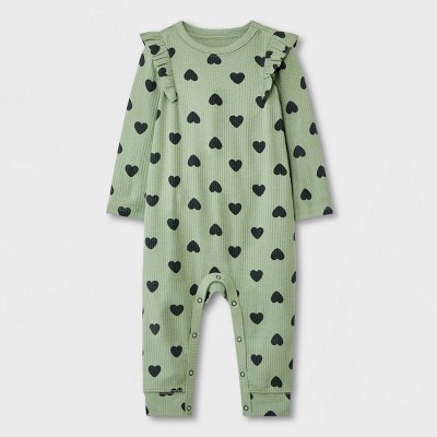 Image of Baby Girls' Heart Ribbed Romper - Cat & Jack™ Green/Black 0-3M